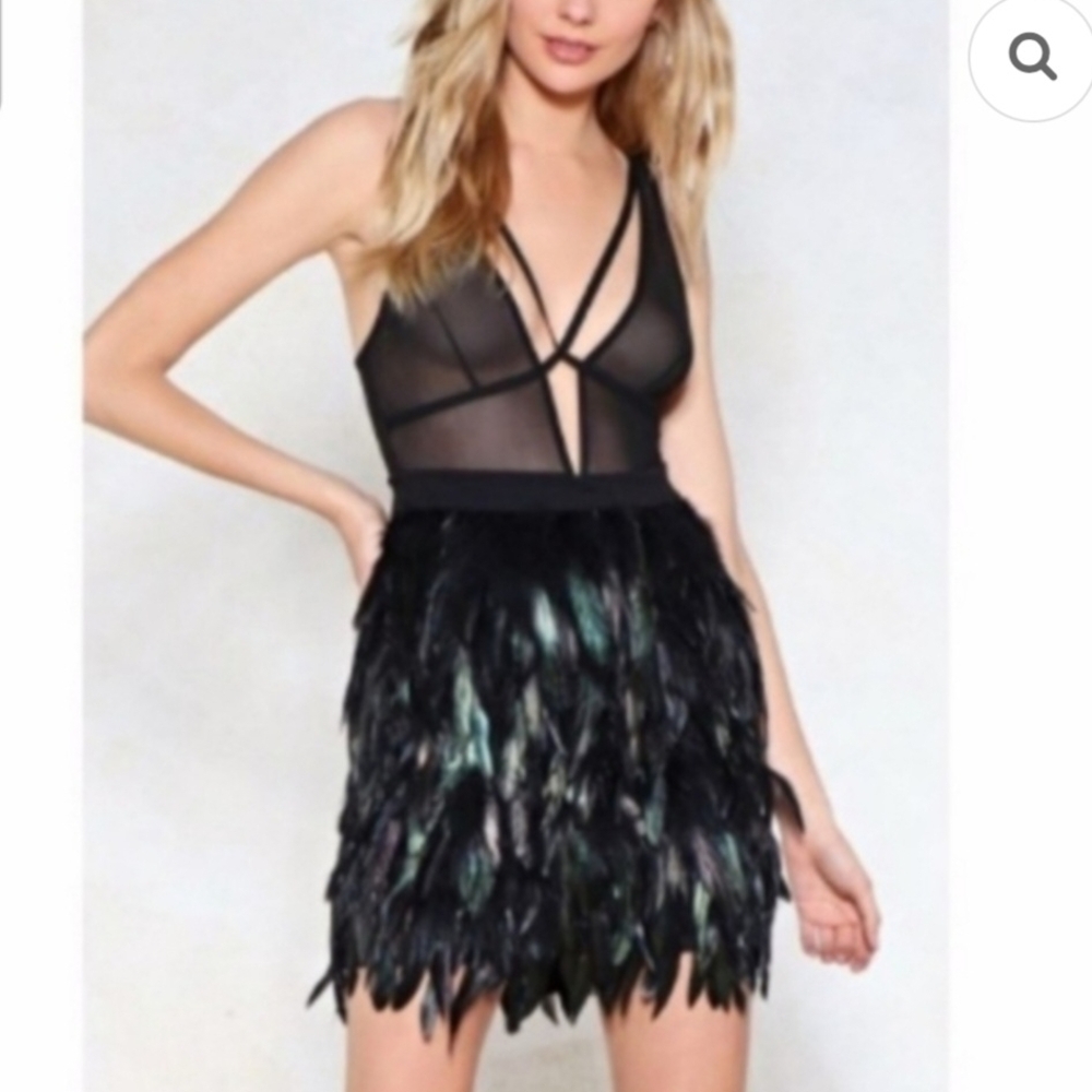 Gracia Black Feather Fringe Mini Skirt M Iridescent Shimmer Party Cocktail